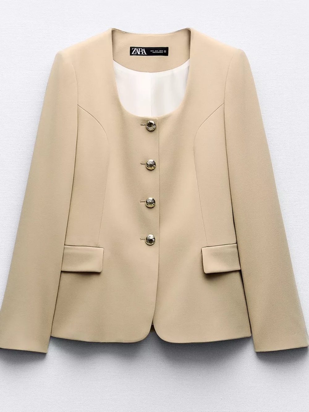 ZARA Beige Round-Neck Buttoned Women's Blazer